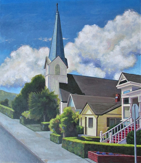 Painting of vintage church building in Ferndale, California